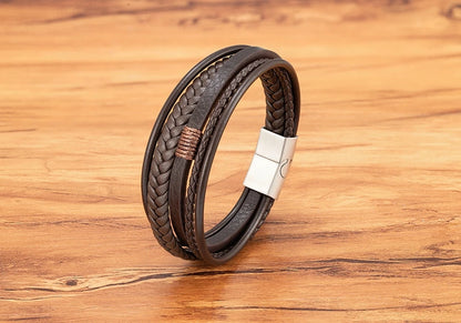 Luxury Fashion Hand-Woven Leather Bracelet - Multilayer Stainless Steel Magnetic Buckle Party Jewelry Gift.