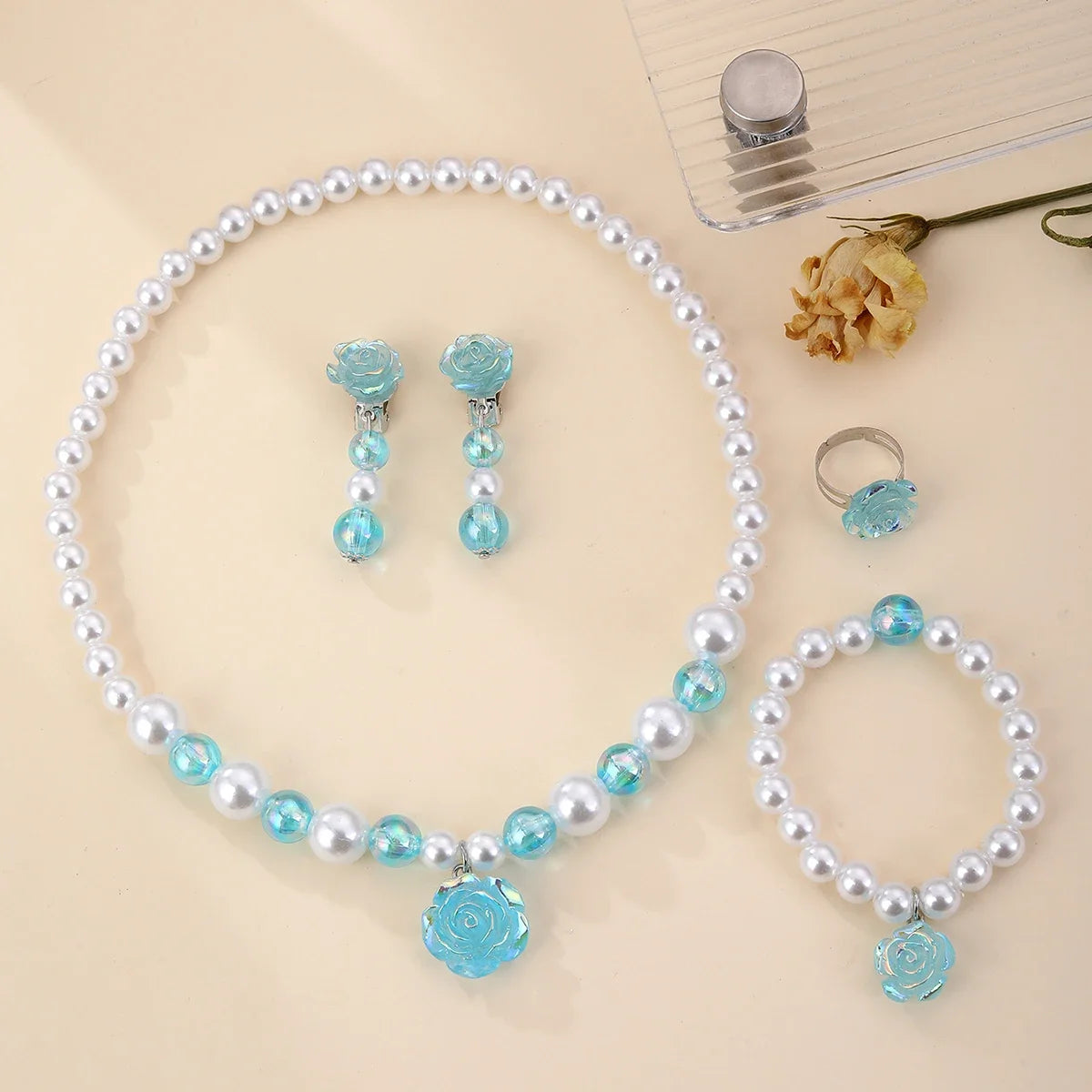 5PCS Girls Pearl Jewellery Set with Rose Flower Pendant | Necklace, Bracelet, Earrings & Ring Party Dress-Up Gift!