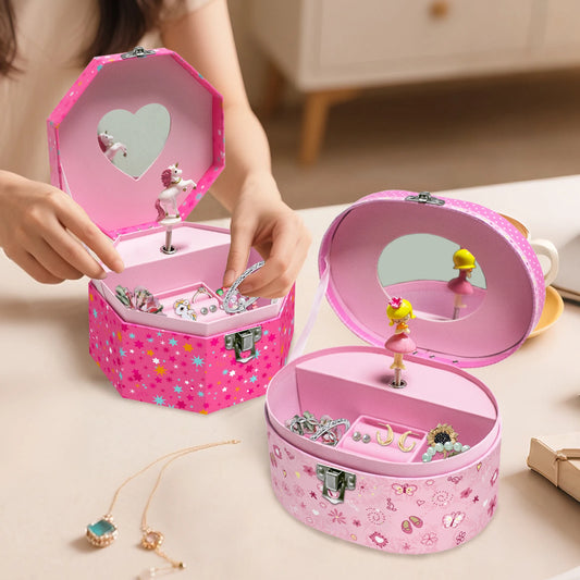 Girl’s Musical Jewellery Box – Octagonal & Elliptical Hand-Cranked Music Box with Mirror | Rings, Necklaces, Earrings Storage Organizer!