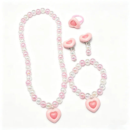 Kids Pink Heart Jewellery Set – Resin Beaded Necklace, Bracelet, Earrings & Ring | Princess Dress Up Gift for Girls!