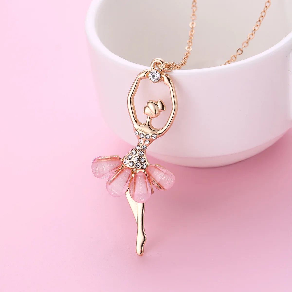 Pink Ballet Girl Pendant Necklace – Delicate Versatile Chain, Simple Elegant Jewellery Gift for Girls