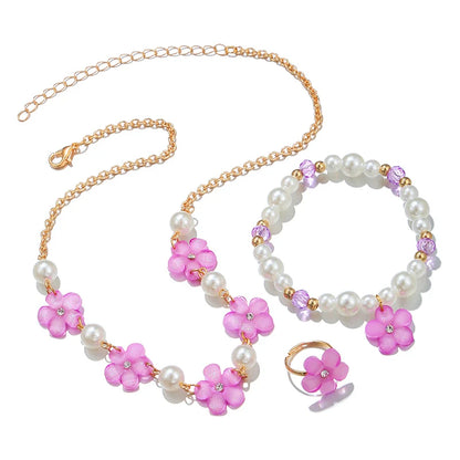 3Pcs Flower Charm Jewellery Set for Girls – Necklace, Beads Bracelet & Ring | Kids Party & Birthday Gift Accessories!