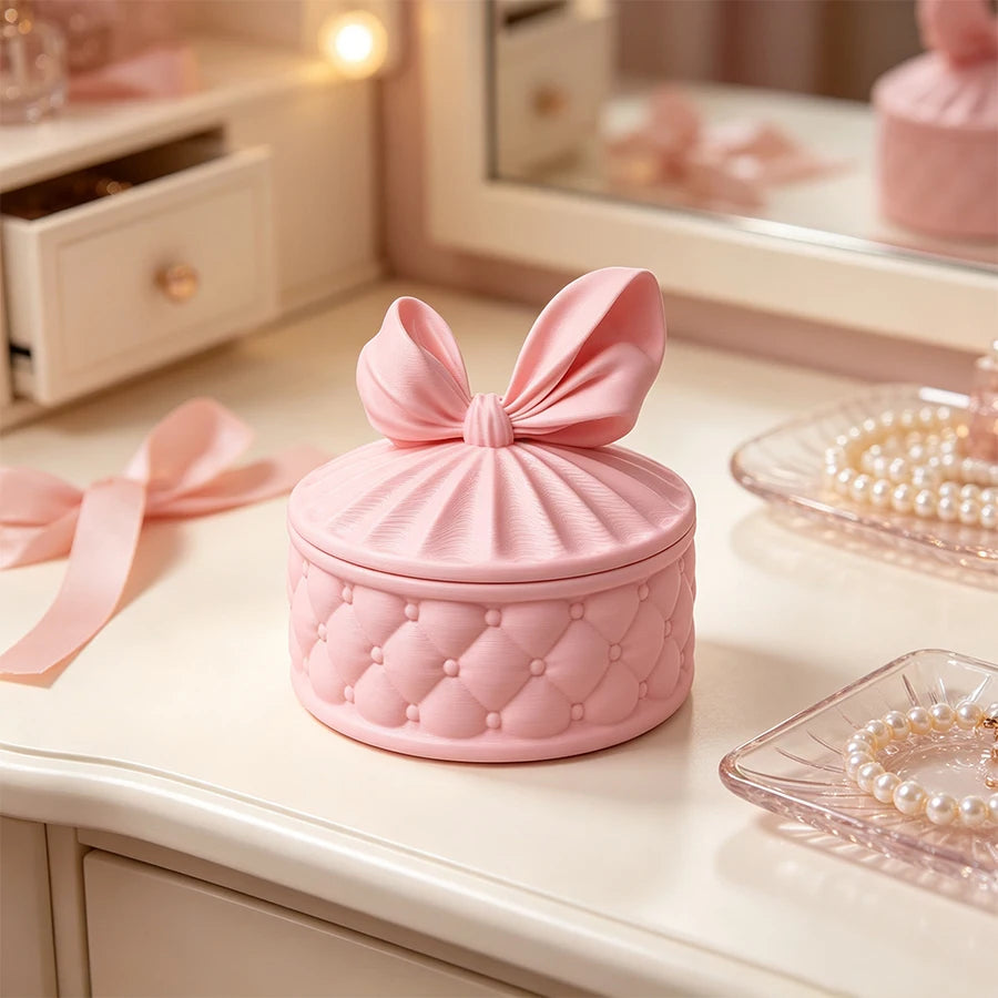 Pink Bowknot Jewellery Storage Box for Girls | Round Dust-Proof Jewellery Organiser | Cute Dresser Decoration & Gift!