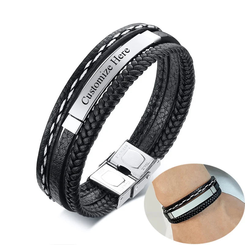 Personalised Stainless Steel Leather Bracelet for Boys & Teens | Engravable Multi-Layer ID Bangle | Birthday Gift!