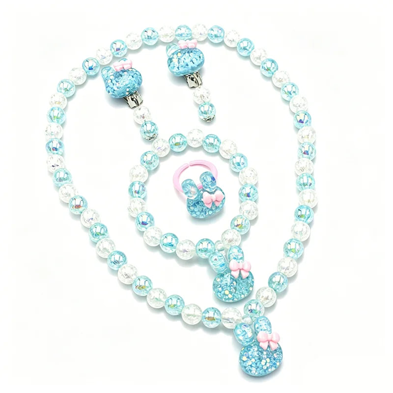 Kids Blue Glitter Rabbit Jewellery Set – Resin Beaded Necklace, Bracelet, Earrings & Ring | Princess Dress-Up Gift for Girls!