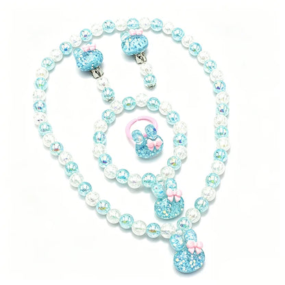 Kids Blue Glitter Rabbit Jewellery Set – Resin Beaded Necklace, Bracelet, Earrings & Ring | Princess Dress-Up Gift for Girls!