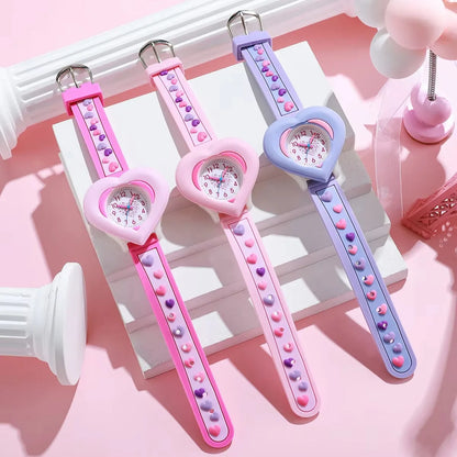 3D Heart-Shaped Quartz Watch for Girls | Kids Learning Time Wristwatch!