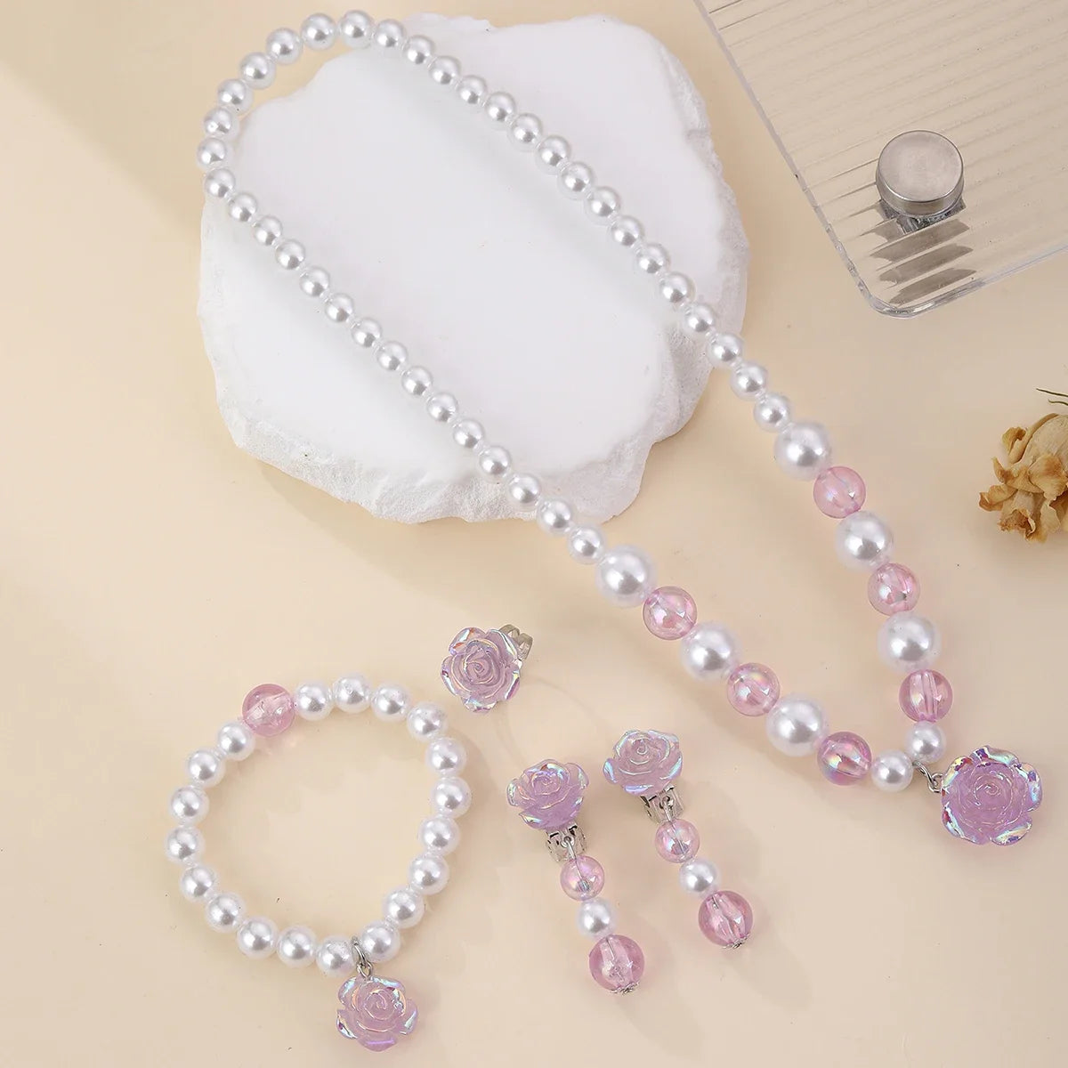 5PCS Girls Pearl Jewellery Set with Rose Flower Pendant | Necklace, Bracelet, Earrings & Ring Party Dress-Up Gift!