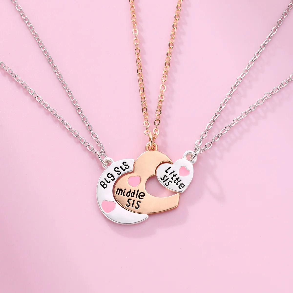 3-Piece Split Heart Sister Necklace Set – Big Sis, Middle Sis & Little Sis Pendant Necklaces | BFF Friendship Jewellery Gift!