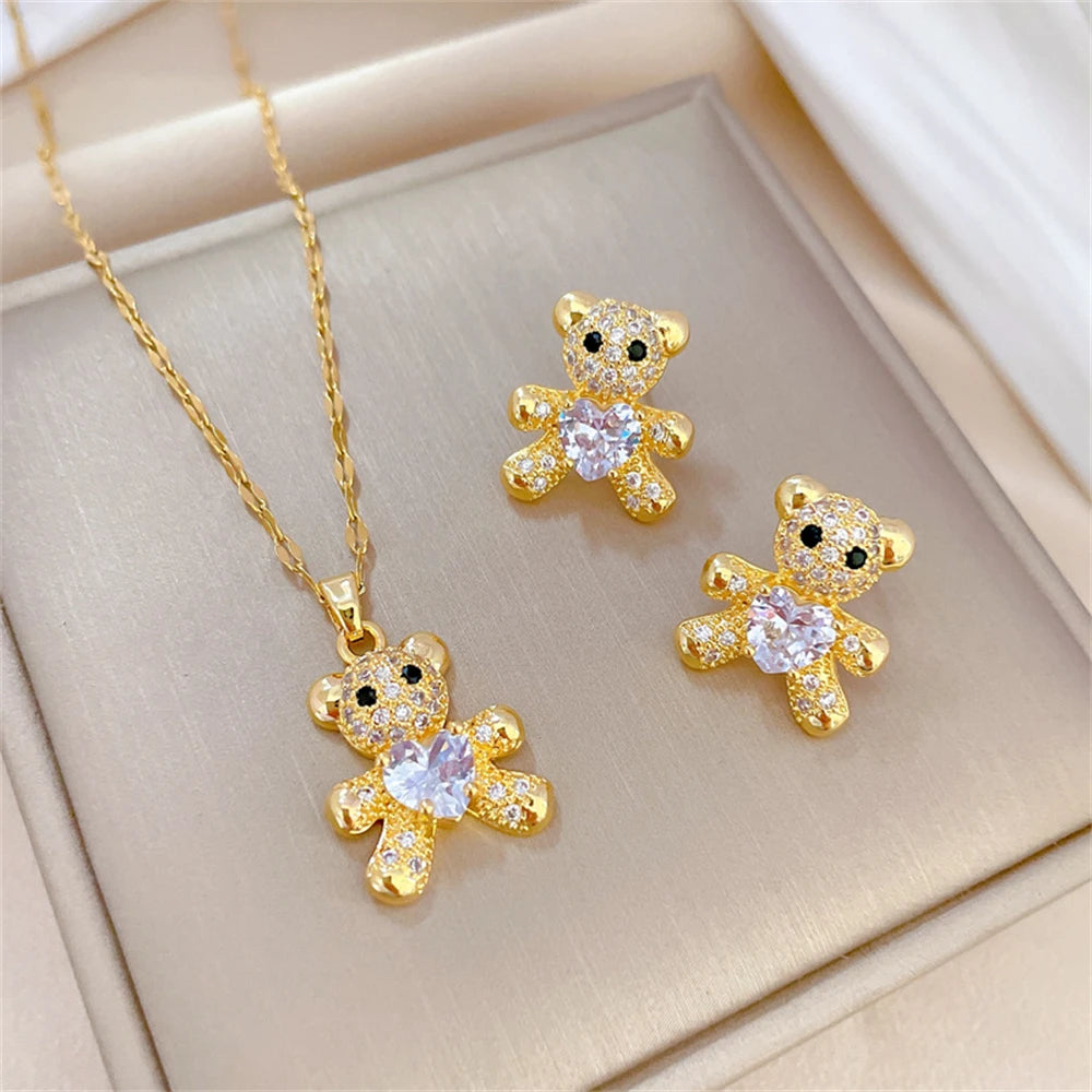Sparkling Love: Heart Crystal Teddy Bear Earrings and Necklace Set - Perfect Gift for Girls, Teens, and Women!