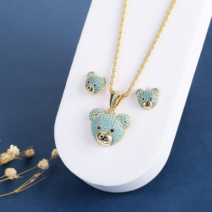 ✨ 3pcs Sparkling Bear Jewelry Set for Girls – Cubic Zirconia Necklace, Earrings & Ring | Cute Accessories for Kids & Teens!