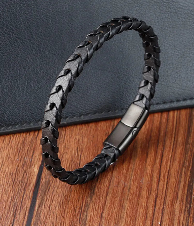 Boys Black Leather Bracelet – Stainless Steel PVD Plated Woven Genuine Leather Wristband | Stylish Kids Fashion Accessory