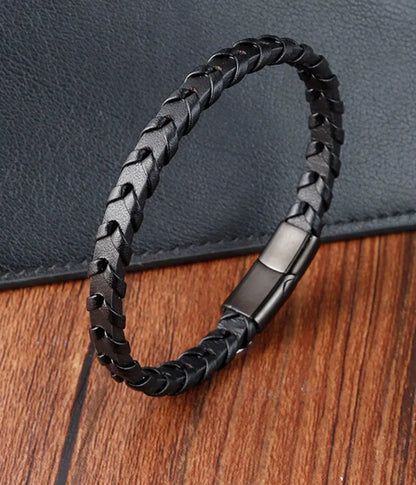 Boys Black Leather Bracelet – Stainless Steel PVD Plated Woven Genuine Leather Wristband | Stylish Kids Fashion Accessory