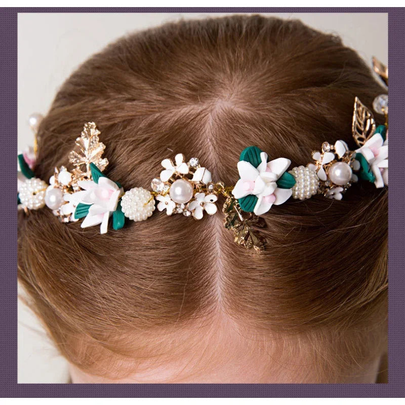 Crystal Pearl Flower Garland Headband for Girls – Elegant Communion & Baptism Headpiece | Flower Girl and Special Occasion Hair Accessory