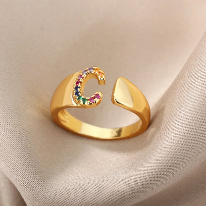 Adjustable Initial Letter Ring 18K Gold Plated | Multi-Colour Zircon Alphabet Ring for Women & Men | Elegant Birthday Gift!