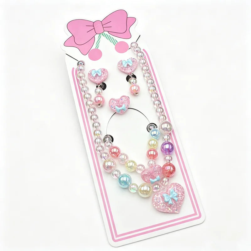 Kids Pink Heart Jewellery Set – Resin Beaded Necklace, Bracelet, Earrings & Ring | Princess Dress Up Gift for Girls!