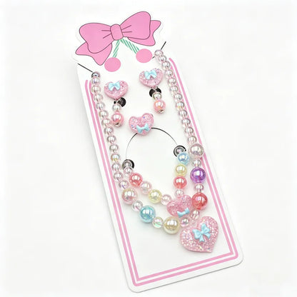 Kids Pink Heart Jewellery Set – Resin Beaded Necklace, Bracelet, Earrings & Ring | Princess Dress Up Gift for Girls!