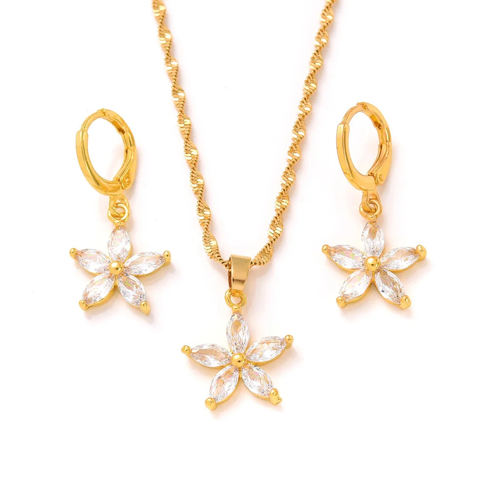 Golden Blossoms: 24K Gold Plated Drop Hoop Flower Party Set - Exquisite Jewelry Gift for Girls, Teens, and Women!
