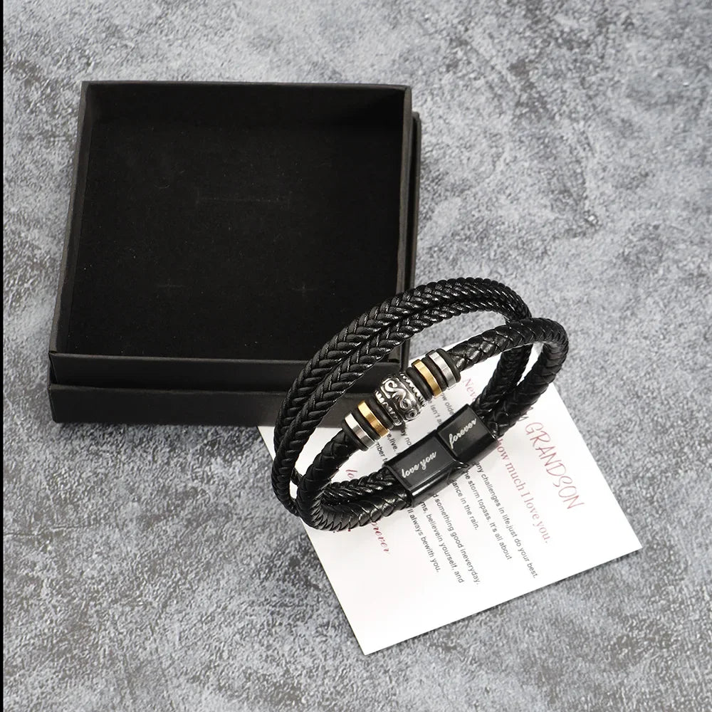 Symbol of Pride: Stainless Steel Beads Genuine Leather Bracelet for Your Son/Grandson!