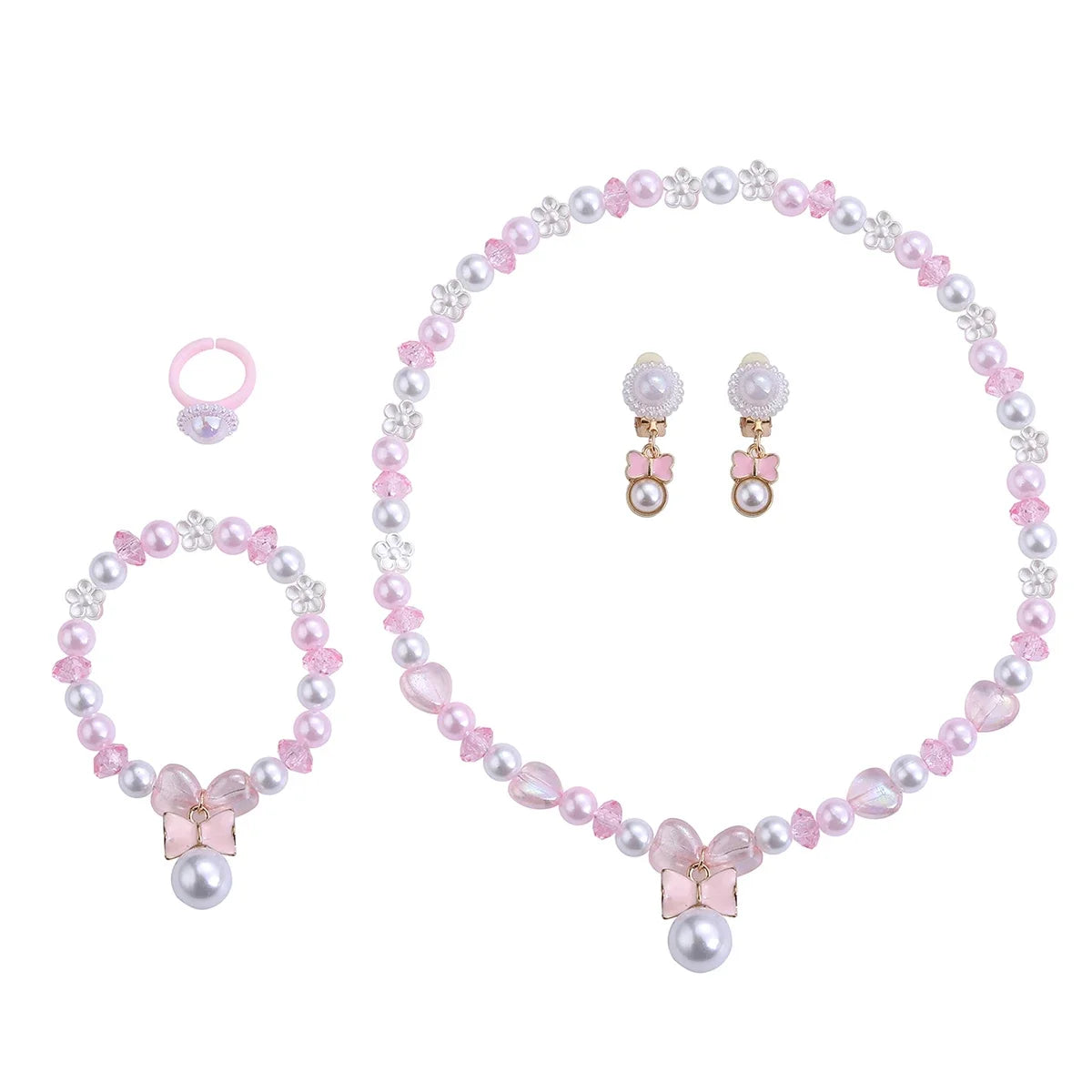 5-Piece Kids Jewellery Set with Pink Bow Pendant – Pearl Beads Necklace, Bracelet, Earrings & Ring | Party Jewellery Set for Girls!