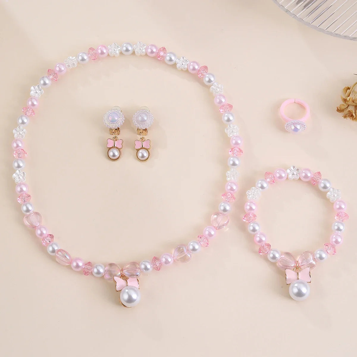 5-Piece Kids Jewellery Set with Pink Bow Pendant – Pearl Beads Necklace, Bracelet, Earrings & Ring | Party Jewellery Set for Girls!