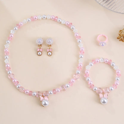 5-Piece Kids Jewellery Set with Pink Bow Pendant – Pearl Beads Necklace, Bracelet, Earrings & Ring | Party Jewellery Set for Girls!