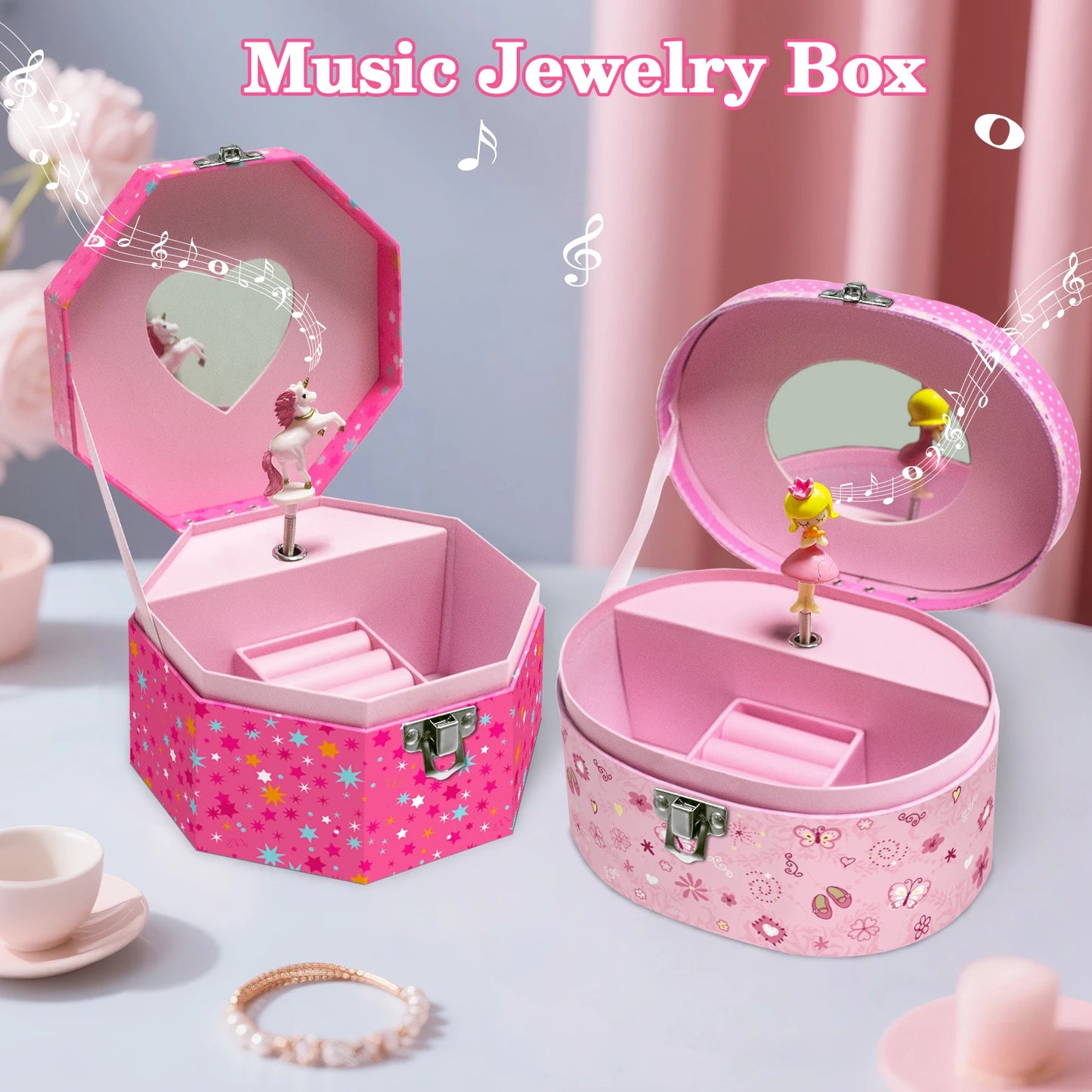 Girl’s Musical Jewellery Box – Octagonal & Elliptical Hand-Cranked Music Box with Mirror | Rings, Necklaces, Earrings Storage Organizer!
