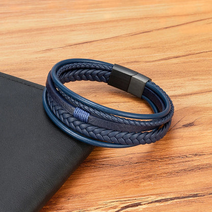Luxury Fashion Hand-Woven Leather Bracelet - Multilayer Stainless Steel Magnetic Buckle Party Jewelry Gift.