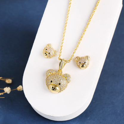 ✨ 3pcs Sparkling Bear Jewelry Set for Girls – Cubic Zirconia Necklace, Earrings & Ring | Cute Accessories for Kids & Teens!