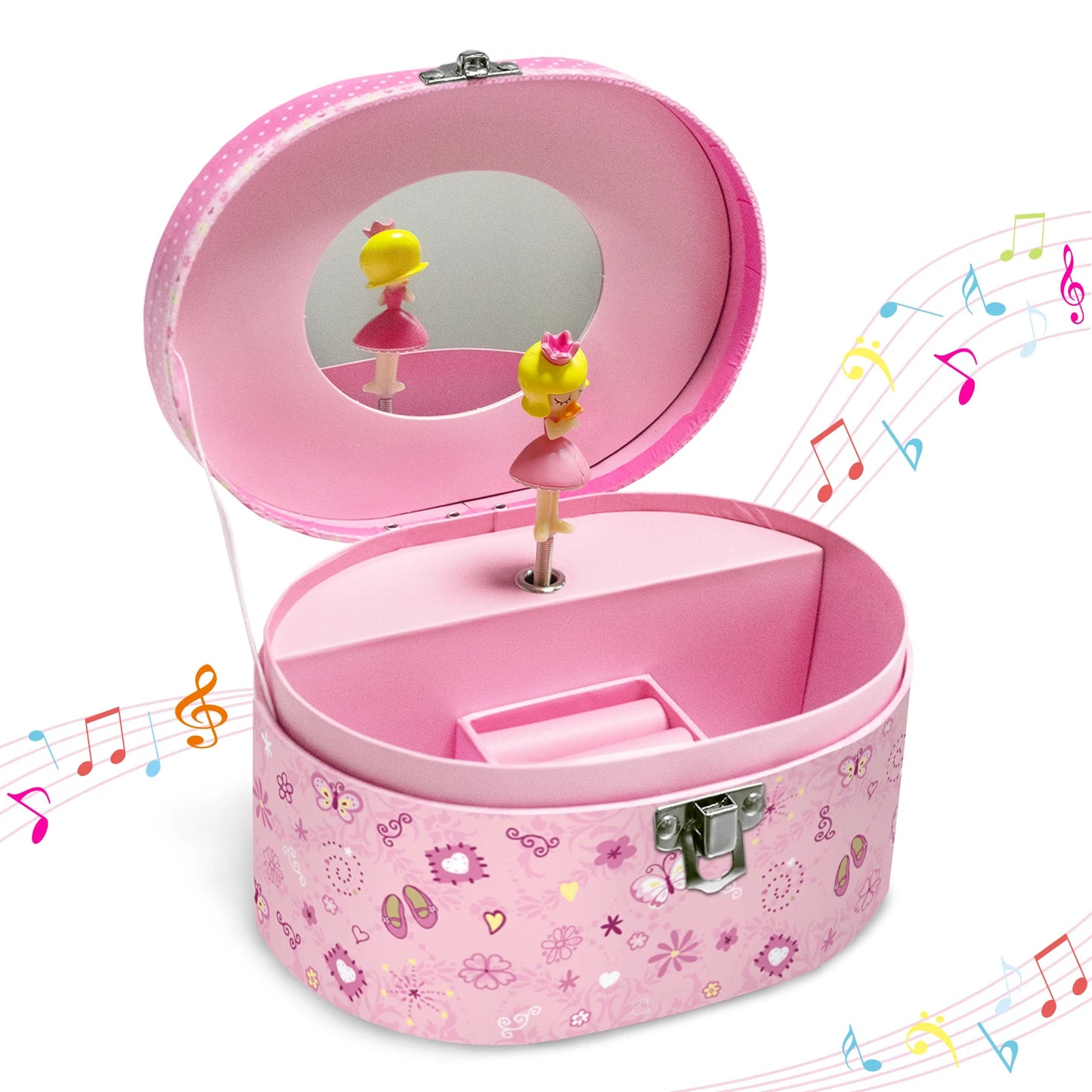 Girl’s Musical Jewellery Box – Octagonal & Elliptical Hand-Cranked Music Box with Mirror | Rings, Necklaces, Earrings Storage Organizer!