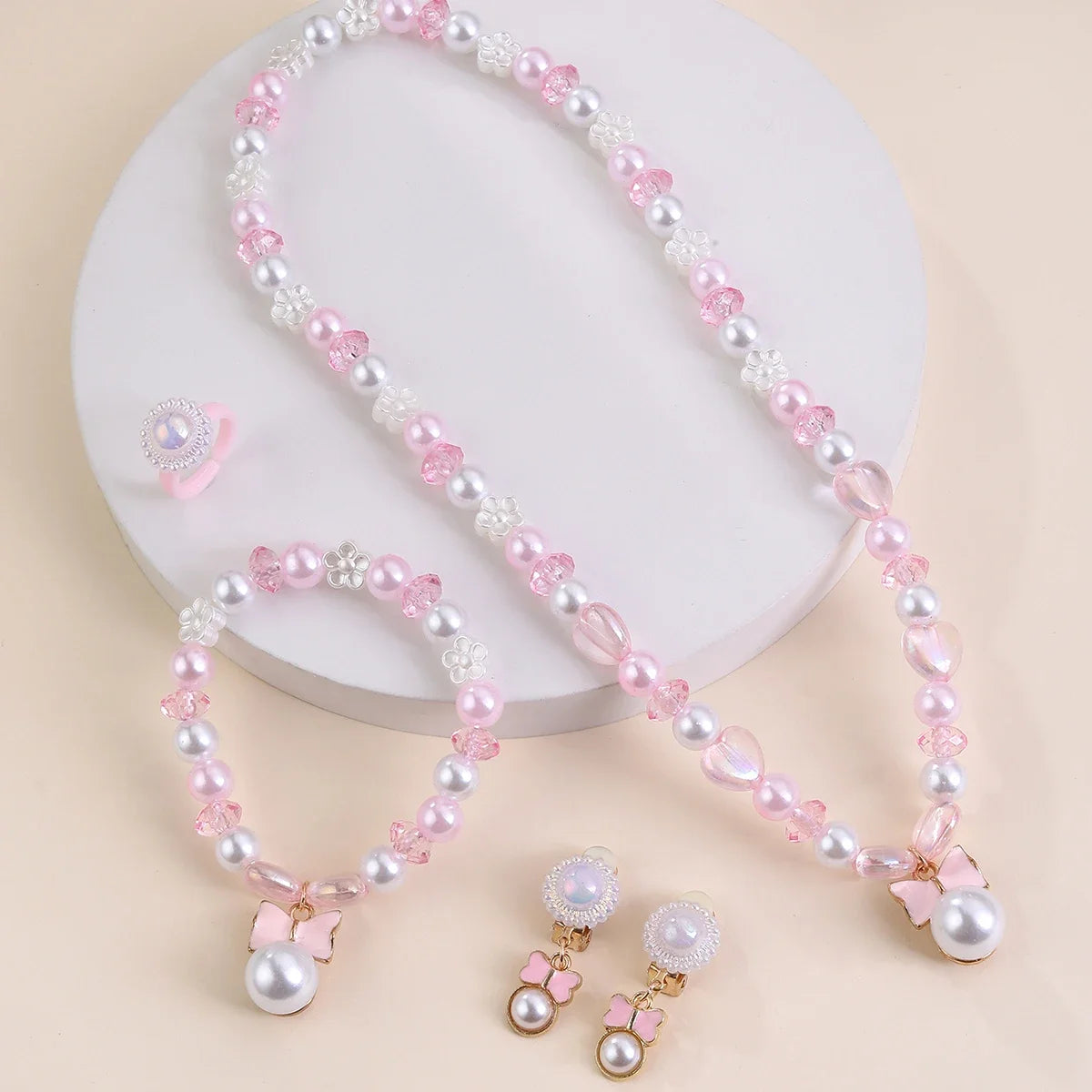 5-Piece Kids Jewellery Set with Pink Bow Pendant – Pearl Beads Necklace, Bracelet, Earrings & Ring | Party Jewellery Set for Girls!