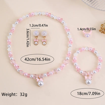 5-Piece Kids Jewellery Set with Pink Bow Pendant – Pearl Beads Necklace, Bracelet, Earrings & Ring | Party Jewellery Set for Girls!