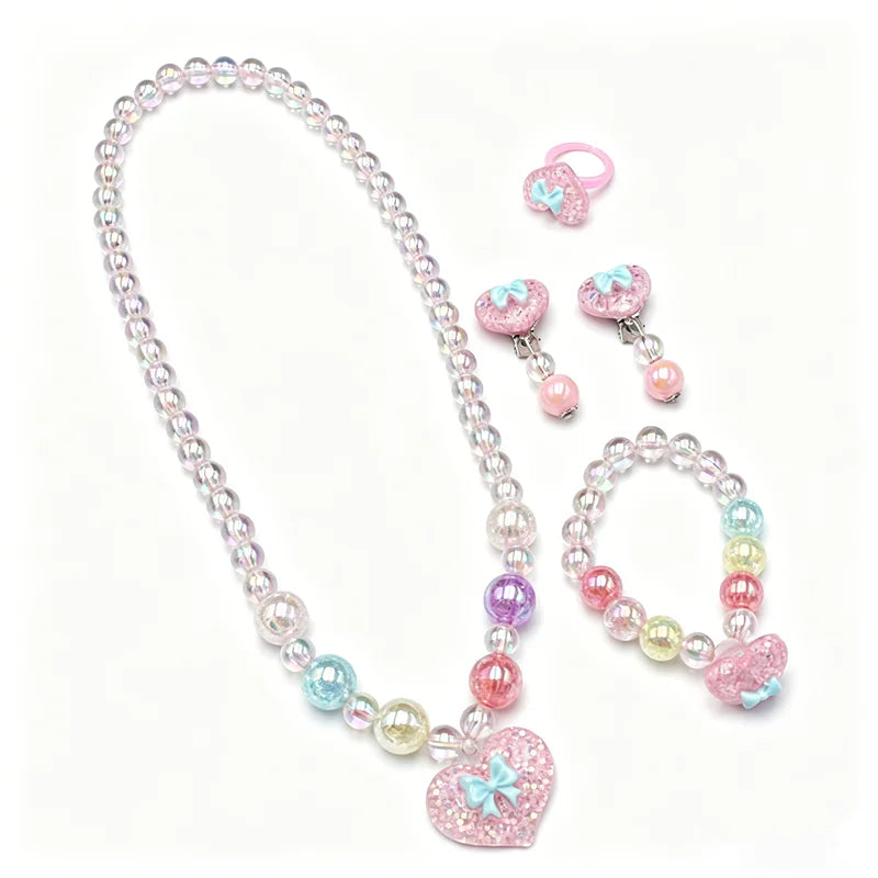 Kids Pink Heart Jewellery Set – Resin Beaded Necklace, Bracelet, Earrings & Ring | Princess Dress Up Gift for Girls!