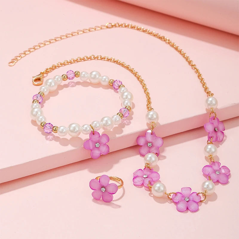 3Pcs Flower Charm Jewellery Set for Girls – Necklace, Beads Bracelet & Ring | Kids Party & Birthday Gift Accessories!