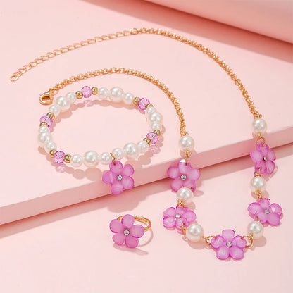 3Pcs Flower Charm Jewellery Set for Girls – Necklace, Beads Bracelet & Ring | Kids Party & Birthday Gift Accessories!