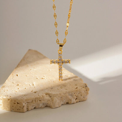 18k Gold Plated White Cubic Zirconia Unisex Cross Pendant Necklace – Elegant Boys & Girls Jewellery | Faith-Inspired Gift!