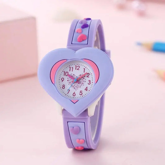 3D Heart-Shaped Quartz Watch for Girls | Kids Learning Time Wristwatch!