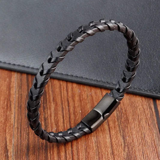 Boys Black Leather Bracelet – Stainless Steel PVD Plated Woven Genuine Leather Wristband | Stylish Kids Fashion Accessory