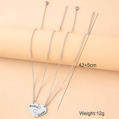Trendy 2-Pcs Brother & Sister Spliced Heart Puzzle Necklace Set – Unisex Stainless Steel Family Jewellery Gift!