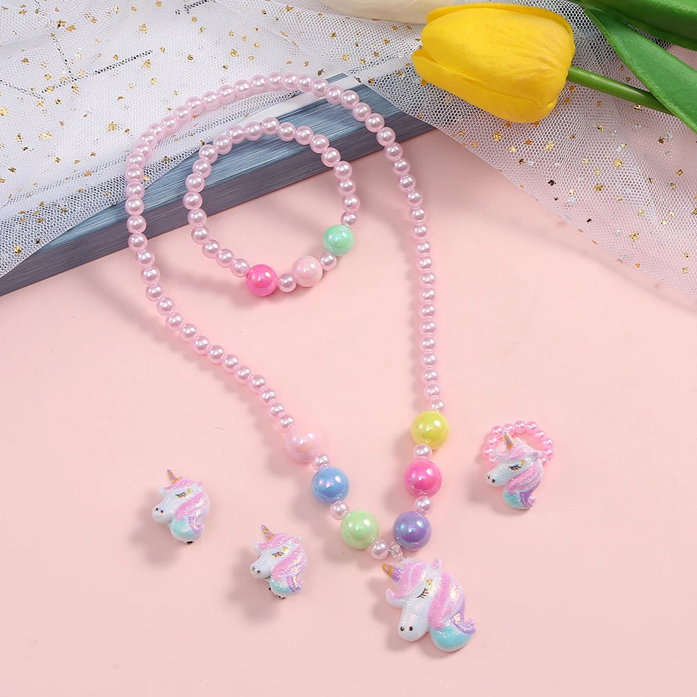Enchanting Rainbows: 5pcs Multi-Coloured Pearl Beads Jewelry Sets for Girls - Perfect for Kids' Birthday Parties and Unforgettable Gifts!