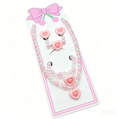 Kids Pink Heart Jewellery Set – Resin Beaded Necklace, Bracelet, Earrings & Ring | Princess Dress Up Gift for Girls!