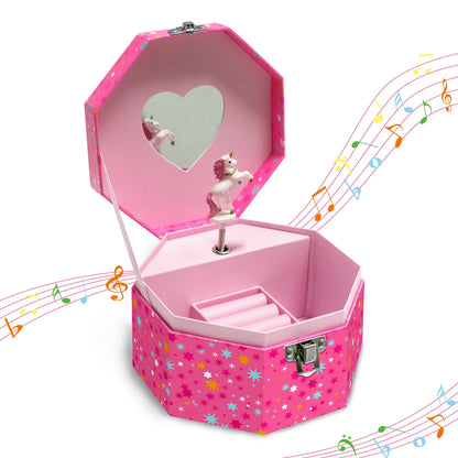 Girl’s Musical Jewellery Box – Octagonal & Elliptical Hand-Cranked Music Box with Mirror | Rings, Necklaces, Earrings Storage Organizer!