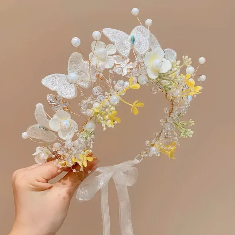 Elegant Pearl Butterfly Wreath Headband for Girls – Princess Flower Hairband for Weddings, Parties & Special Occasions | Flower Girl Hair Accessory