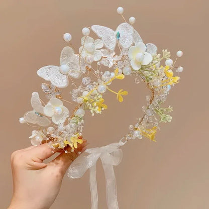 Elegant Pearl Butterfly Wreath Headband for Girls – Princess Flower Hairband for Weddings, Parties & Special Occasions | Flower Girl Hair Accessory