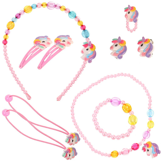Girls Unicorn Jewellery & Accessories Set – Earrings, Bracelet, Necklace, Ring with Headband & Hair Clips | Party & Birthday Dress-Up Set!