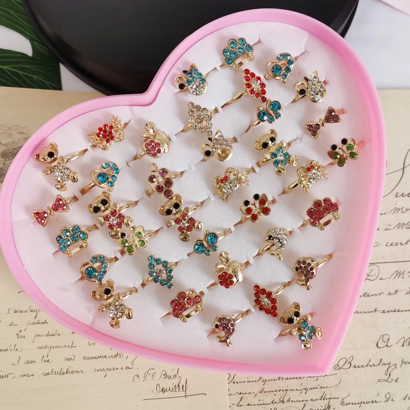 Enchanting Girls Cartoon Rings Set: Flower, Animals, Crystal Rings in Heart-Shaped Box - Perfect Birthday Party Gift!