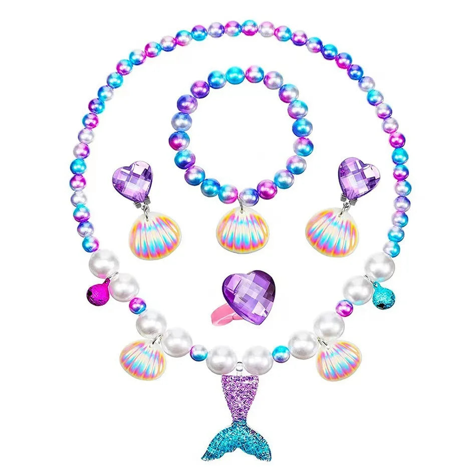 Mermaid Jewellery Set for Girls – Sparkling Fish Tail Shell Necklace, Bracelet, Earrings & Ring | Princess Birthday Gift!