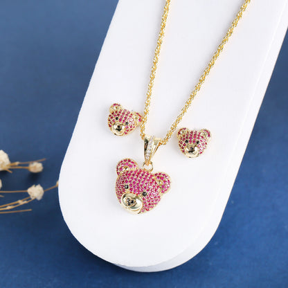 ✨ 3pcs Sparkling Bear Jewelry Set for Girls – Cubic Zirconia Necklace, Earrings & Ring | Cute Accessories for Kids & Teens!