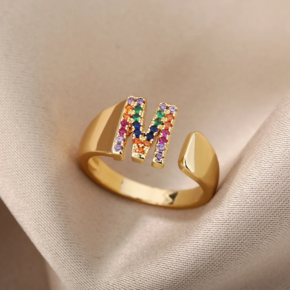Adjustable Initial Letter Ring 18K Gold Plated | Multi-Colour Zircon Alphabet Ring for Women & Men | Elegant Birthday Gift!