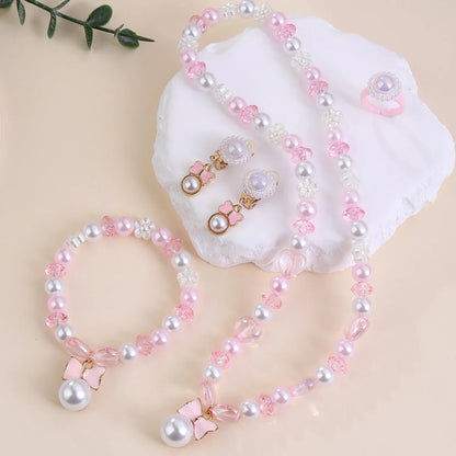 5-Piece Kids Jewellery Set with Pink Bow Pendant – Pearl Beads Necklace, Bracelet, Earrings & Ring | Party Jewellery Set for Girls!